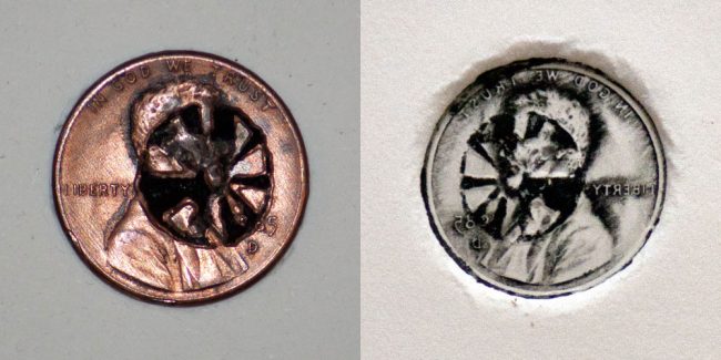 One of Margaret Craig's Pennies from Penny Drop – 125 Pennies Etched and Scattered